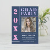 Grad Modern Bold Blue Foto Graduation Party Einladung (Stehend Vorderseite)