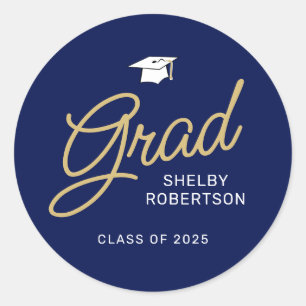 Grad Modern Script Navy Blue Abschluss Runder Aufkleber
