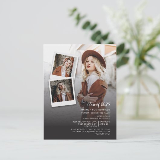 Grad Multi Foto Script Abschluss 2025 Party Einladungspostkarte (Stehend Vorderseite)