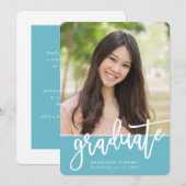 GRAD PARTY Chic Foto trendy Kalligraphie Türkis Einladung (Vorne/Hinten)