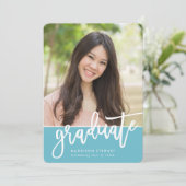 GRAD PARTY Chic Foto trendy Kalligraphie Türkis Einladung (Stehend Vorderseite)