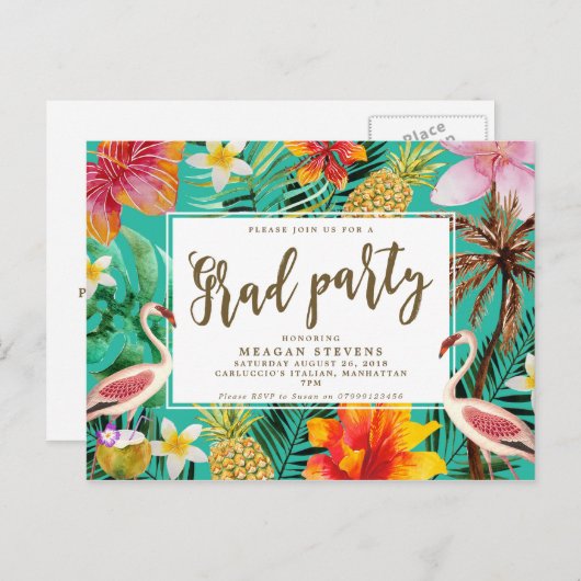 Grad Party Einladung tropischer Flamingo-Hibiskus (Vorne/Hinten)