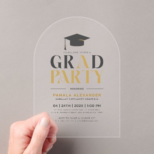 Grad Party Gold Gray Retro Typography Acryleinladungen (Insitu (Handheld))