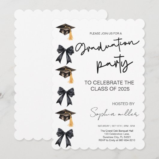 Grad Party Invite Class of 2025,Black Bow Einladung (Vorne/Hinten)