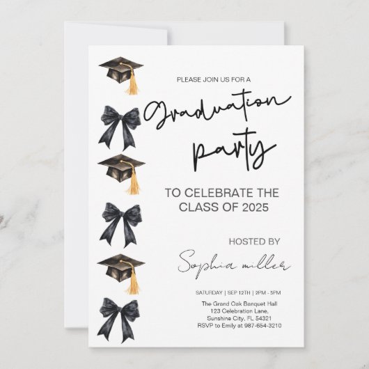 Grad Party Invite Class of 2025,Black Bow Einladung (Vorderseite)