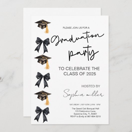Grad Party Invite Class of 2025,Black Bow Einladung (Vorne/Hinten)