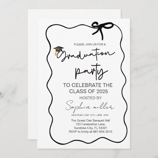 Grad Party Invite Class of 2025,Whimsical Bow Einladung (Vorne/Hinten)