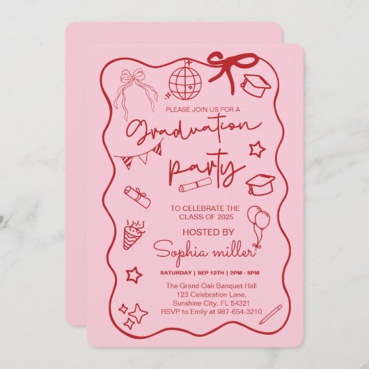 Grad Party Retro Invite Class of 2025,Whimsical Einladung (Vorne/Hinten)