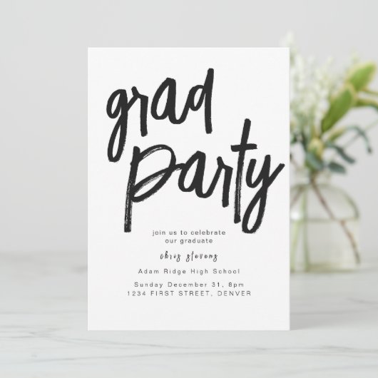 Grad Party Schwarz-Weiß-Einladung Einladung (Stehend Vorderseite)