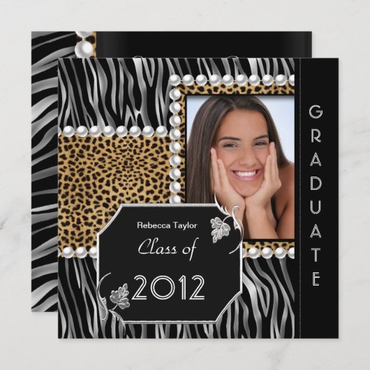 Grad Party Schwarz-weiß Leopard Zebra Einladung (Vorne/Hinten)