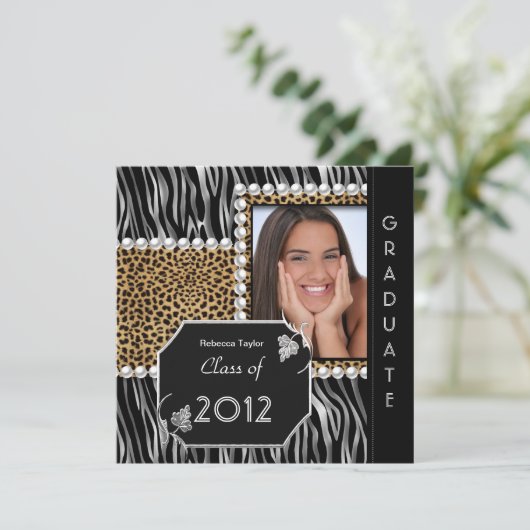 Grad Party Schwarz-weiß Leopard Zebra Einladung (Stehend Vorderseite)