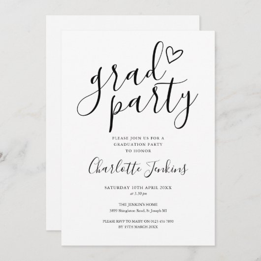 Grad Party Script Heart Graduation Party Einladung (Vorne/Hinten)