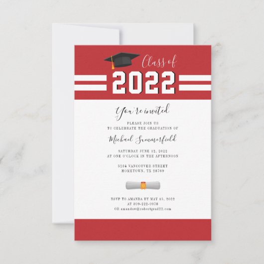 Grad Red White Modern Simple Abschluss 2022 Einladung (Vorderseite)