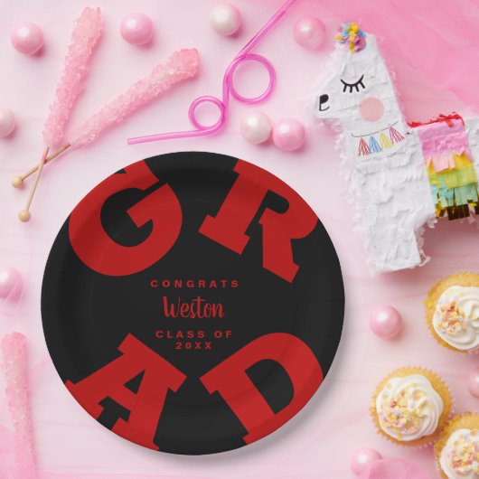 GRAD Scarlet Red auf Black Custom Abschluss Pappteller (Party)