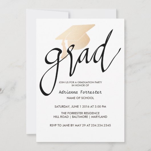 Grad Typography Rose Gold Foil Graduation Hat Einladung (Vorderseite)