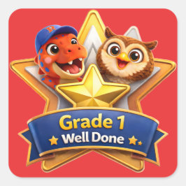 Grade one well done with the owl and Rex achieveme Quadratischer Aufkleber
