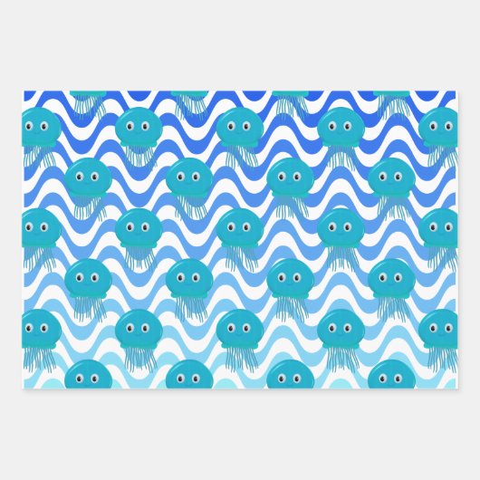 Gradient Blue Waves und Quallenmuster Geschenkpapier Set (Vorderseite)