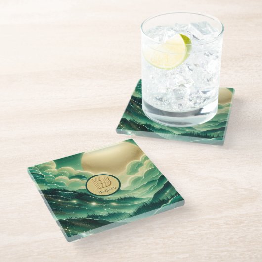 Gradient Emerald Kelly Green Glitzer Mit Monogramm Glasuntersetzer (Schrägansicht)