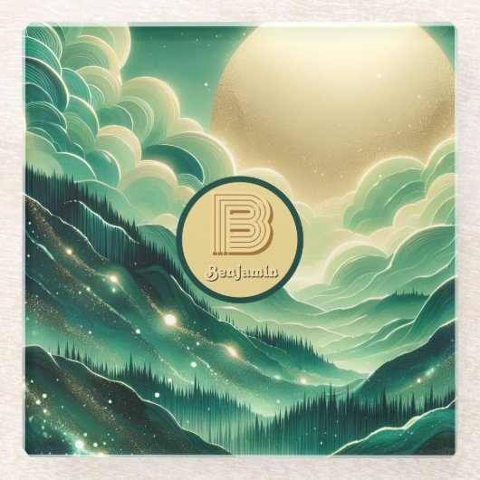 Gradient Emerald Kelly Green Glitzer Mit Monogramm Glasuntersetzer (Vorderseite)