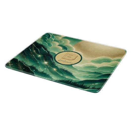 Gradient Emerald Kelly Green Glitzer Mit Monogramm Schneidebrett (Ecke)