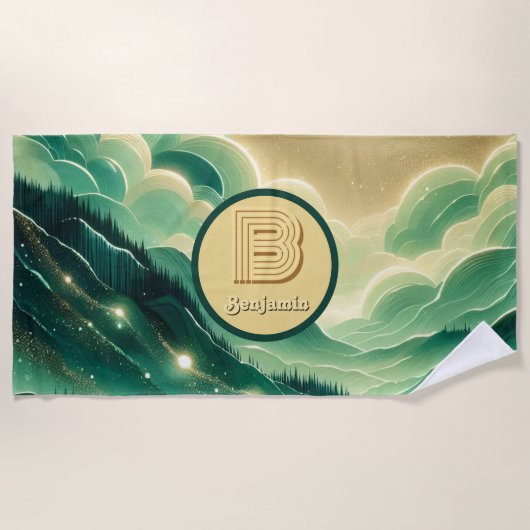 Gradient Emerald Kelly Green Glitzer Mit Monogramm Strandtuch (Vorderseite)