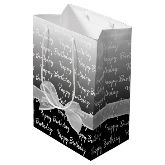 Gradient Happy Birthday mit weißem Bow Mittlere Geschenktüte (Rückseite Schrägansicht)