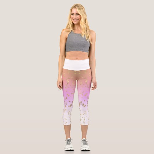 Gradient peach lila white gold star pattern capri leggings (Vorderseite)