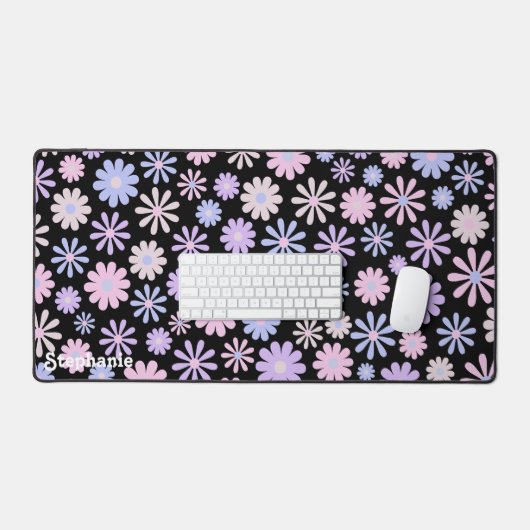 Gradient Retro Pink Lila Blue Daisies Black Schreibtischunterlage (Tastatur & Maus)