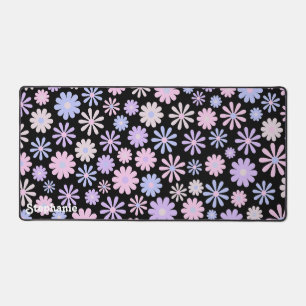 Gradient Retro Pink Lila Blue Daisies Black Schreibtischunterlage