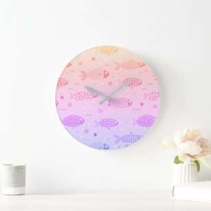 Gradient Sunset Fish Muster Modern Große Wanduhr