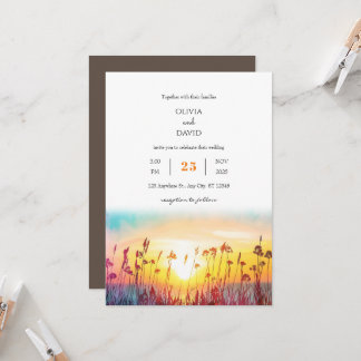 Gradient Sunset Silhouettes Coastal Beach Hochzeit Einladung