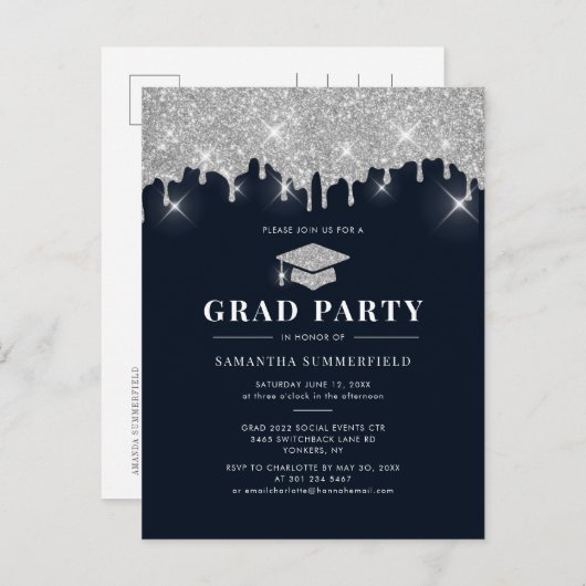 Graduate 2022 Navy Silver Glitzer Graduation Party Einladungspostkarte (Vorne/Hinten)