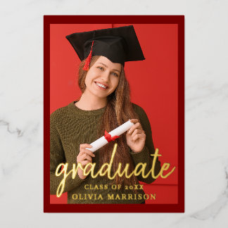 Graduate 2 Foto Abschluss Modernes Red Gold Folieneinladung