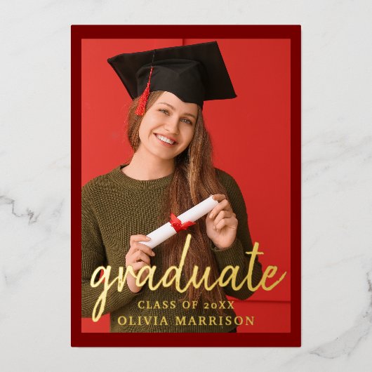 Graduate 2 Foto Abschluss Modernes Red Gold Folieneinladung (Vorderseite)