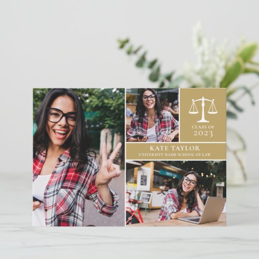 Graduate 3 Foto Law School Graduation Party Einladung (Stehend Vorderseite)