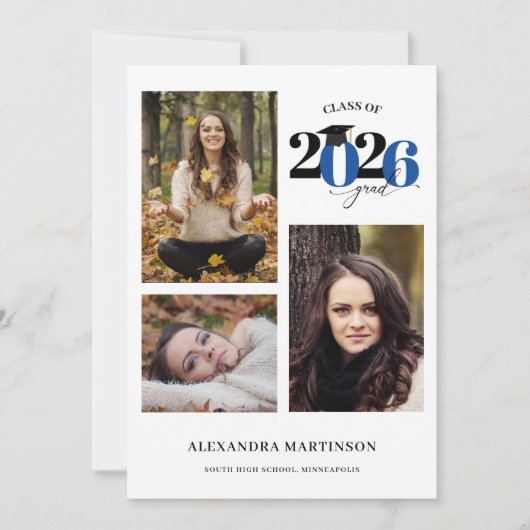 Graduate 3 Fotos Collage Blue Klasse 2023 Einladung (Vorderseite)