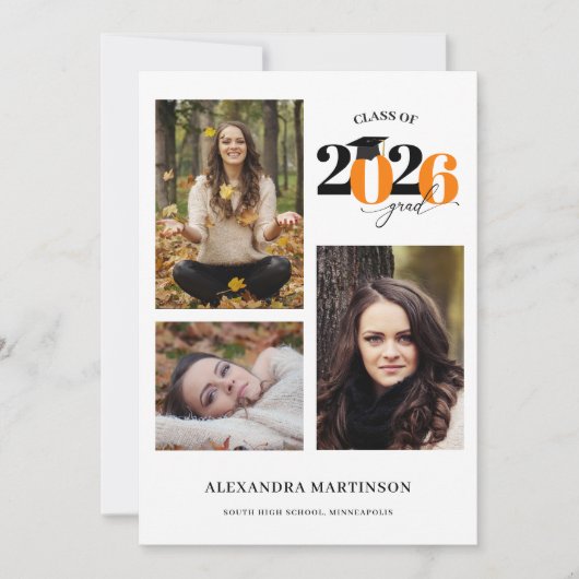 Graduate 3 Fotos Collage Orange Class 2023 Einladung (Vorderseite)