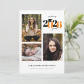 Graduate 3 Fotos Collage Orange Class 2023 Einladung (Stehend Vorderseite)