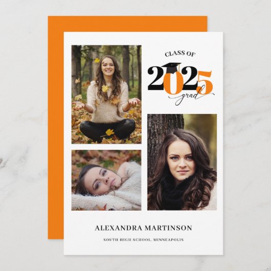Graduate 3 Fotos Collage Orange Class 2023 Einladung (Vorne/Hinten)
