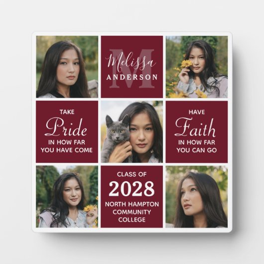 Graduate 5 Foto Collage Burgundy Abschluss Fotoplatte (Vorderseite)