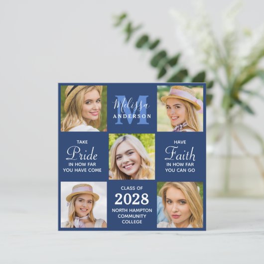 Graduate 5 Foto Collage Navy Blue Abschluss Ankündigung (Stehend Vorderseite)