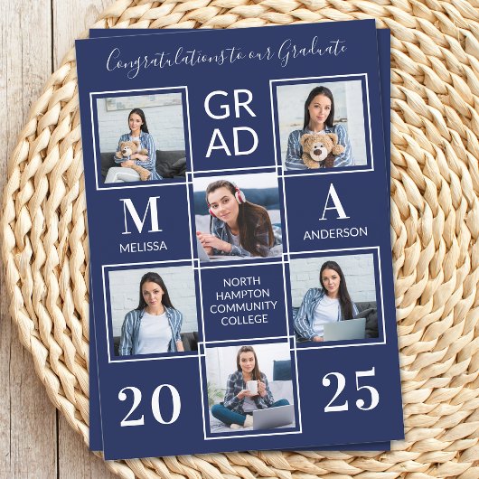 Graduate 6 Foto Personalisiert Navy Blue Abschluss Einladung