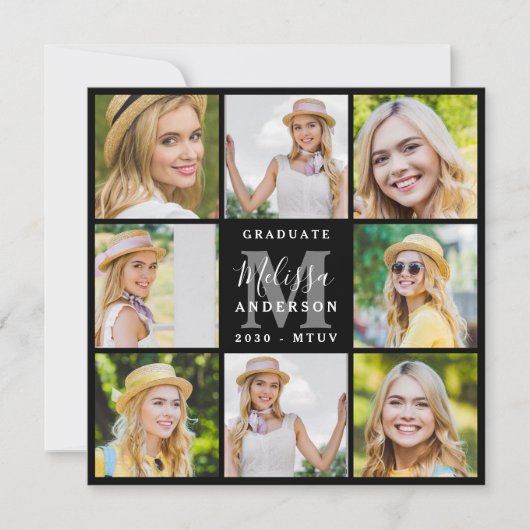 Graduate 8 Foto Collage Black Abschluss Ankündigung (Vorderseite)