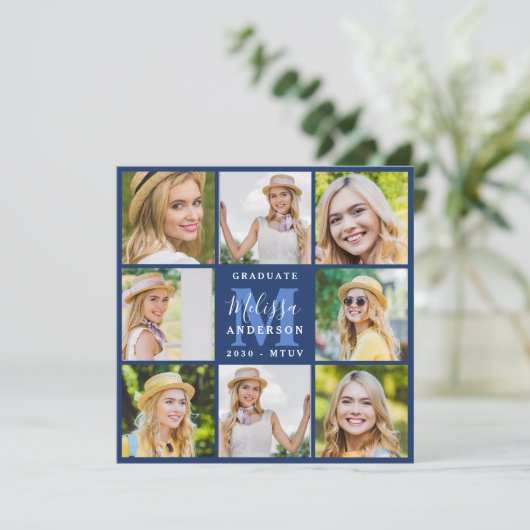 Graduate 8 Foto Collage Navy Blue Abschluss Ankündigung (Stehend Vorderseite)