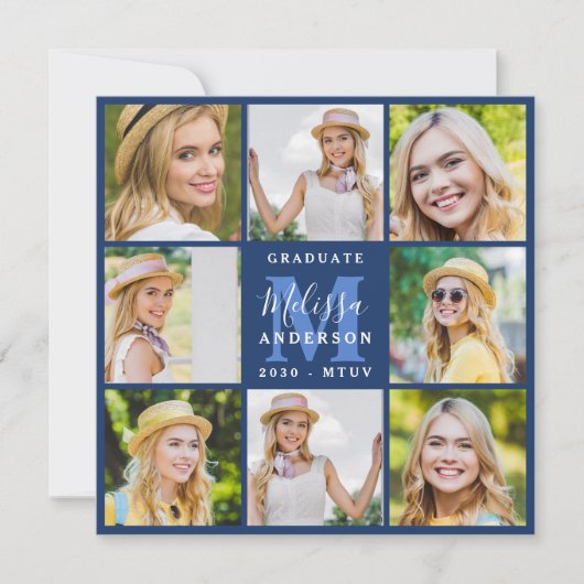 Graduate 8 Foto Collage Navy Blue Abschluss Ankündigung (Vorderseite)