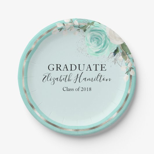 Graduate Aquamarin & Foil Silver Moderne Chic Flor Pappteller (Vorderseite)