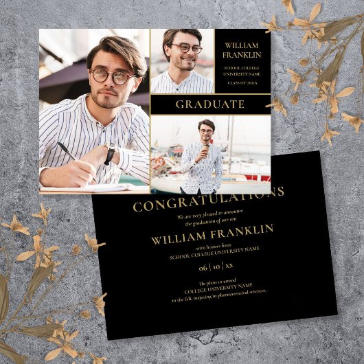 Graduate Black and Gold 3 Foto Collage Abschluss Ankündigung