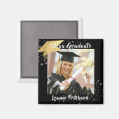 Graduate Black Gold Cap Brush Script Foto Stars Magnet (Vorderseite/Rückseite)