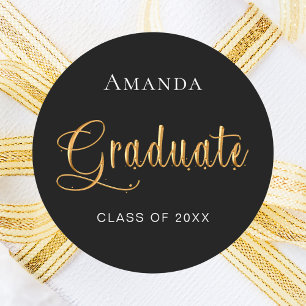 Graduate Black Gold Name elegant Runder Aufkleber