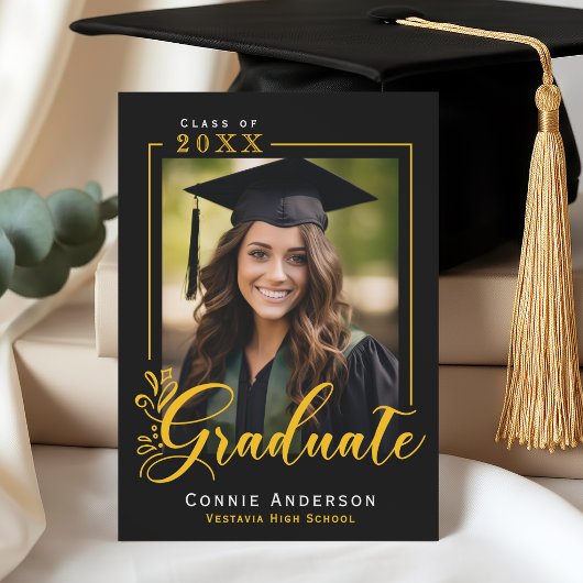 Graduate Black Gold Script Photo Graduation Ankündigung